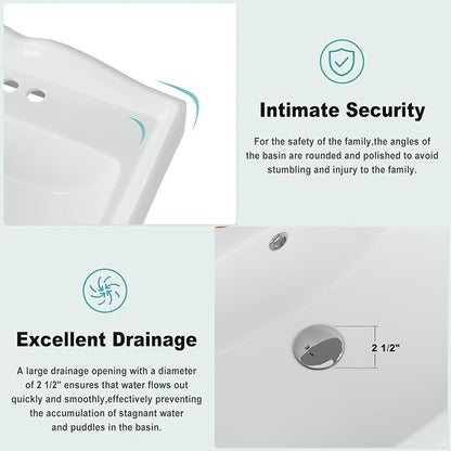 23" W X 19" D Bathroom Pedestal Sink,Vintage White Ceramic Vanity Sink with Overflow and 3 Pre-Drilled Holes - Fits 4-Inch Faucets,Freestanding Restroom Sink Combo for Small Spaces