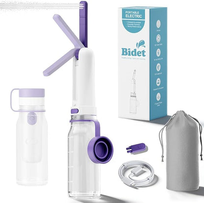 Portable Bidet for Travel with 260ML Bottle, Rechargeable Electric Bidet Bottle for Women Men Baby Cleaning, Waterproof High Pressure Sprayer for Personal Hygiene (White & Purple)