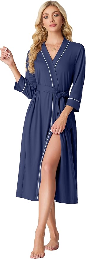 PrinStory Robes for Women 3/4 Sleeve Long Bath Robe XS-4XL | V-Neck Knit Bathrobe with Pockets, Lightweight, Soft, Breathable Robes for Shower, Spa, Travel, Home, Party, Nursing