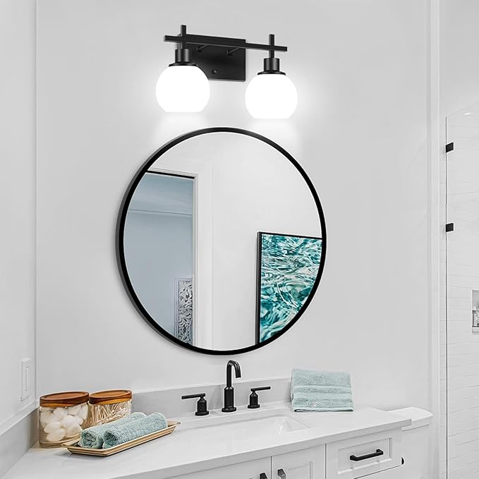 2-Light Black Bathroom Lighting Fixtures Over Mirror,Modern Vanity Lighting Fixtures,Bathroom Wall Mounted Vanity Light with Milky White Glass Lampshade for Living Room，Bedroom，Hallway