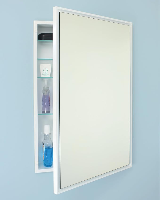 Fox Hollow Furnishings 20x30 Parker Metro Metal Framed Rectangle Recessed Bathroom Medicine Cabinet, Floating Mirror, 14x24 in-Wall Opening, Steel, Adjustable Glass Shelves, Magnet Close, White