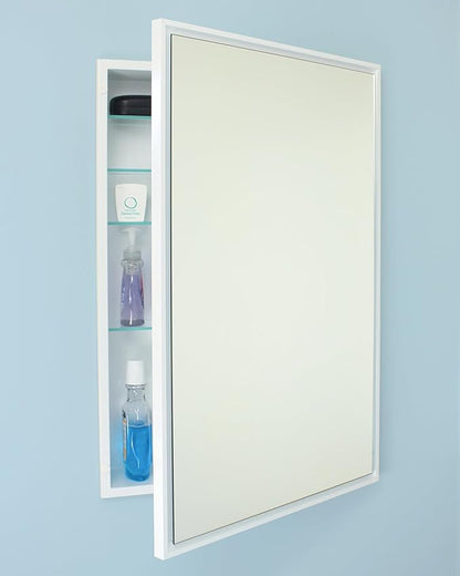 Fox Hollow Furnishings 20x30 Parker Metro Metal Framed Rectangle Recessed Bathroom Medicine Cabinet, Floating Mirror, 14x24 in-Wall Opening, Steel, Adjustable Glass Shelves, Magnet Close, White