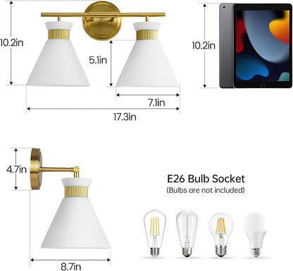 WOSHITU Gold Bathroom Light Fixtures: Modern Vanity Lighting Fixtures 2 Lights for Bathroom Mid Century Vanity Light Sconces Over Mirror with Frosted Milky Glass for Bath Bedroom Makeup