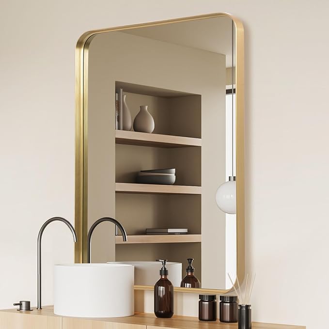 Anpark Wall Mirror 24" x 36" Gold Metal Deep Frame Mirror for Wall Decorative Rectangular Round Corner Wall Mounted Vanity Mirror for Bathroom Living Room Bedroom Entryway Wall Decor