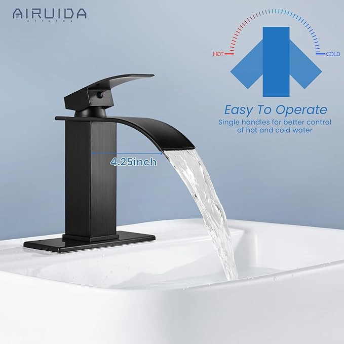 Airuida Oil Rubbed Bronze Single Handle Bathroom Sink Faucet Single Hole Waterfall Bathroom Faucet 1 or 3 Hole Basin Mixer Tap, Rv Lavatory Vanity Faucet with Deck Plate and Supply Lines