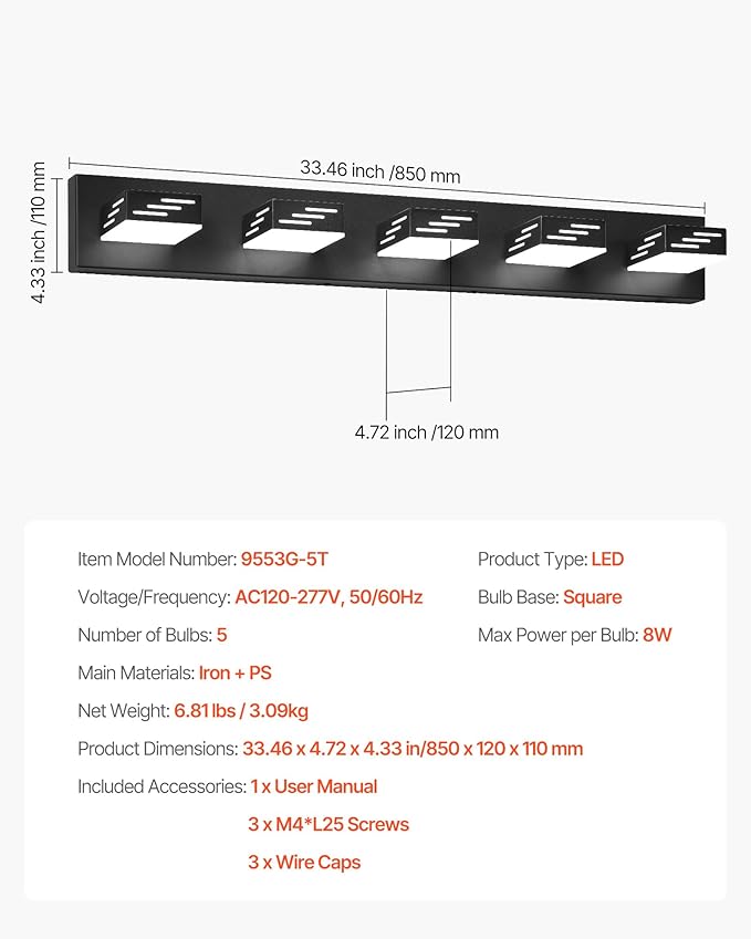 VEVOR 5-Light LED Modern Vanity Light Fixtures, 33.46-Inch, Black Finish Bathroom Wall Lighting Fixture Over Mirror, with IP44 Waterproof, for Bathroom, Living Room, Bedroom, Hallway, Cool White 6000K