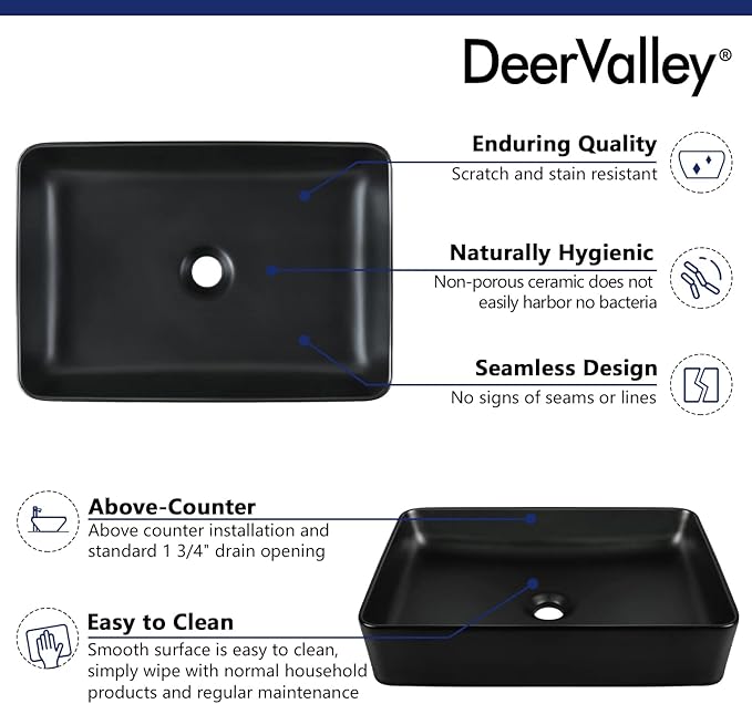 DeerValley DV-1V0010 Ally Bathroom Vessel Sink 20" Matte Black Rectangular Ceramic Bathroom Sinks