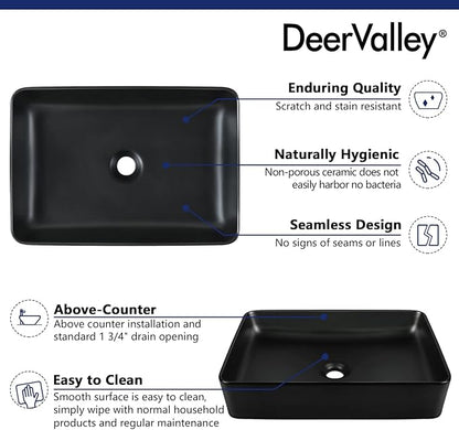 DeerValley DV-1V0010 Ally Bathroom Vessel Sink 20" Matte Black Rectangular Ceramic Bathroom Sinks