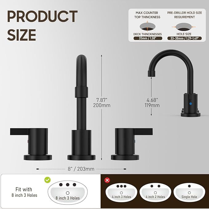 Phiestina 8 Inch 3-Hole Matte Black Widespread Bathroom Sink Faucet with Valve and Metal Pop-Up Drain Assembly, 2-Handle Low-Arch Bathroom Faucets Three Hole, WF15-1-MB