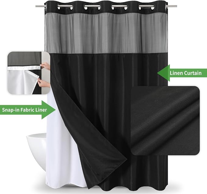 eachope No Hooks Needed Linen Textured Shower Curtain with Snap-in Fabric Liner Set,Black Hotel Luxury Decor Shower Curtains for Bathroom with Mesh Top Window,Waterproof & Washable,71Wx74H | 230GSM Thick Fabric,Hotel Luxury Decor,Mesh Top Window,Waterp...