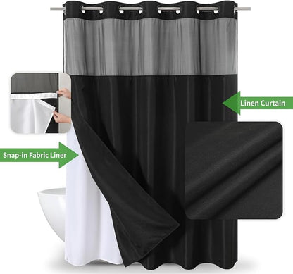 eachope No Hooks Needed Linen Textured Shower Curtain with Snap-in Fabric Liner Set,Black Hotel Luxury Decor Shower Curtains for Bathroom with Mesh Top Window,Waterproof & Washable,71Wx74H | 230GSM Thick Fabric,Hotel Luxury Decor,Mesh Top Window,Waterp...