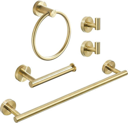 Brushed Gold Bathroom Hardware, Bathroom Accessories Set Includes Toilet Paper Holder Towel Bar Towel Ring 2 Robe Hook 5 Pieces Wall Mount