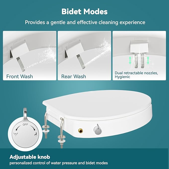 3" Raised Toilet Seat with Bidet - Non-Electric Bidet with Dual Nozzles - Elevated Toilet Risers for Seniors & Limited Mobility - Easy Install & Clean (Elongated)