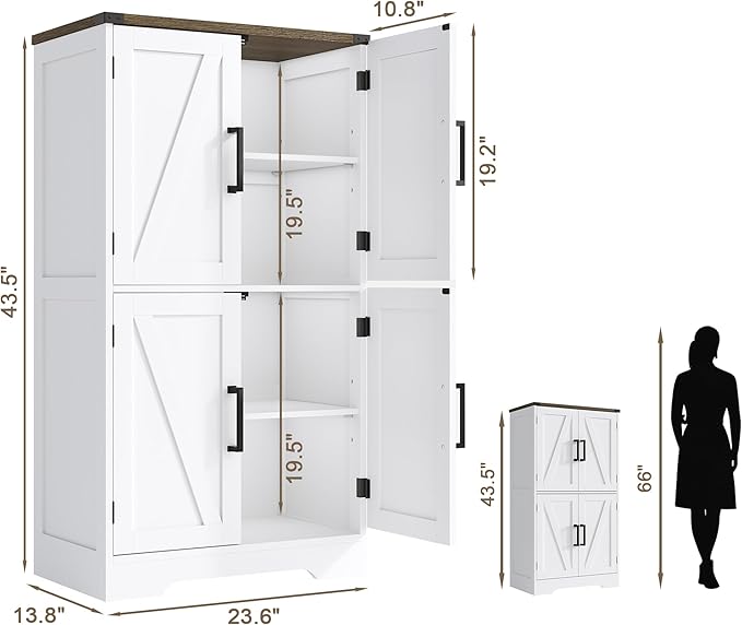 Treocho Farmhouse Bathroom Floor Cabinet with Adjustable Shelves | 13.78"D x 23.62"W x 43.46"H, Freestanding Kitchen Pantry Cabinet, Cupboard for Living Room, Dining Room, White