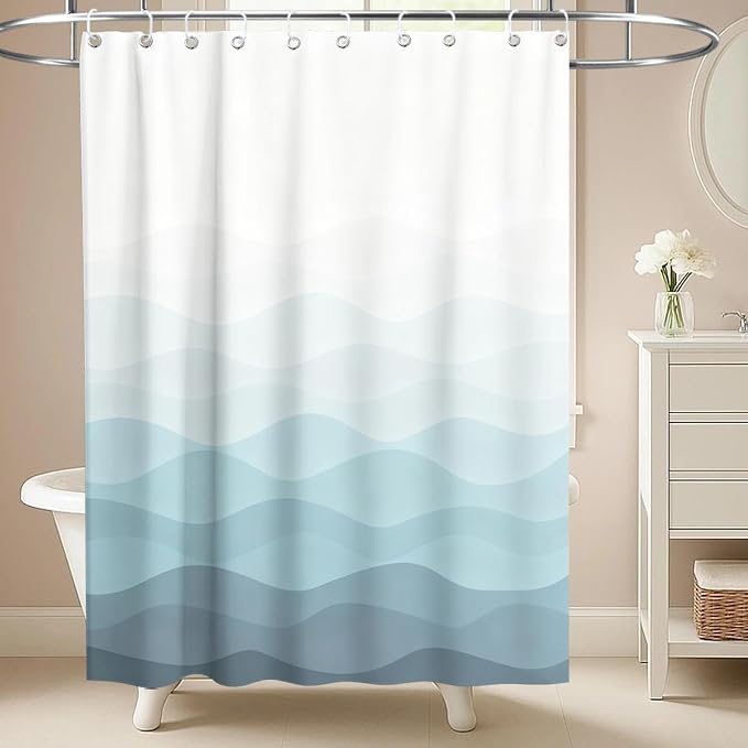 Modern Ocean Shower Curtain Abstract Aesthetic Striped Funky Minimalist | Art Shower Curtains for Bathroom, Waterproof Bath Curtain with Hooks Machine Washable Bathtub Curtains 60x72 Inch Blue