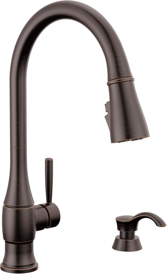 Delta Hazelwood Oil Rubbed Bronze Kitchen Faucet with Pull Down Sprayer and Soap Dispenser, Modern Single Hole Kitchen Sink Faucet, Single Handle, Venetian Bronze 19831Z-RBSD-DST
