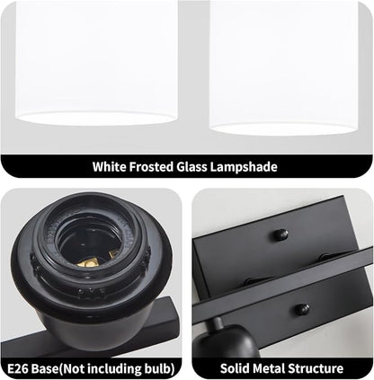 2 Light Black Bathroom Light Fixture, Modern Bathroom Lights with Milky White Frosted Glass Shades for Mirror Living Room Bedroom Hallway E26 Base