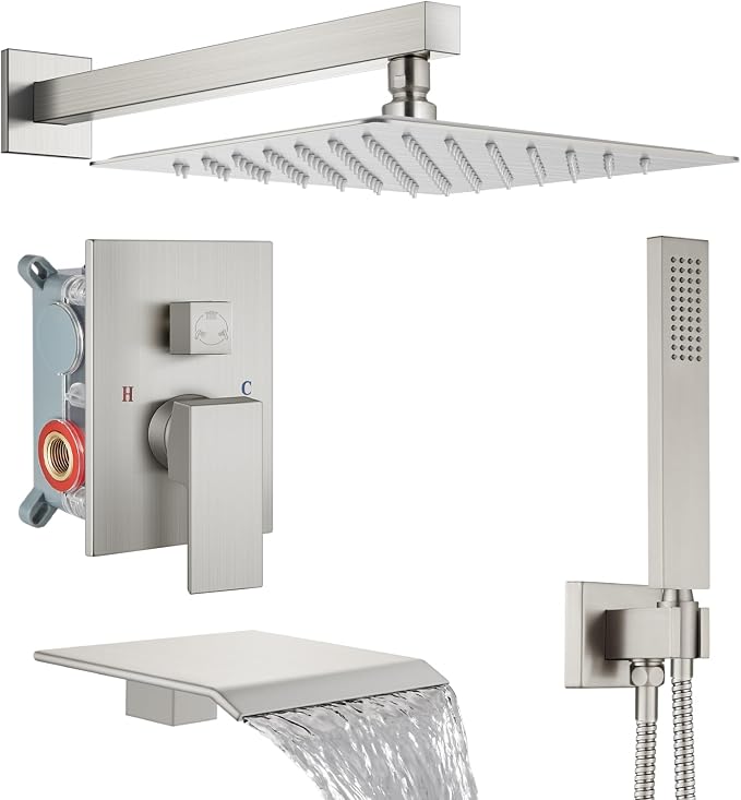 Midanya Shower System with Tub Spout,10 Inch Shower Head,Brushed Nickel | with Valve & Trim Kit,Square Rain Head,Handheld Sprayer,Waterfall Spout,All Metal Wall Mount Bathroom Shower Tub Faucet Set