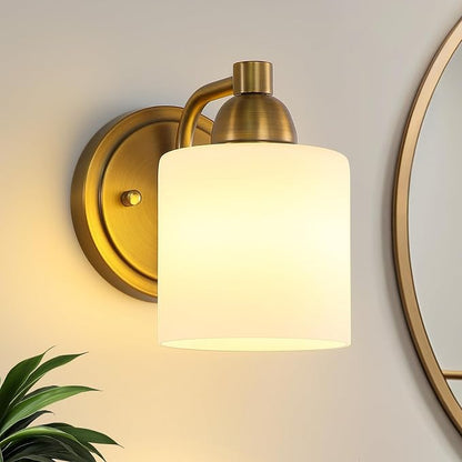 Mecgirn Brass Milk Glass Wall Sconces, 1 Pack Hardwired Indoor Wall Light Fixtures for Living Room, Hallway, Bedroom, Ceramic E26 Sockets (Bulbs Not Included)