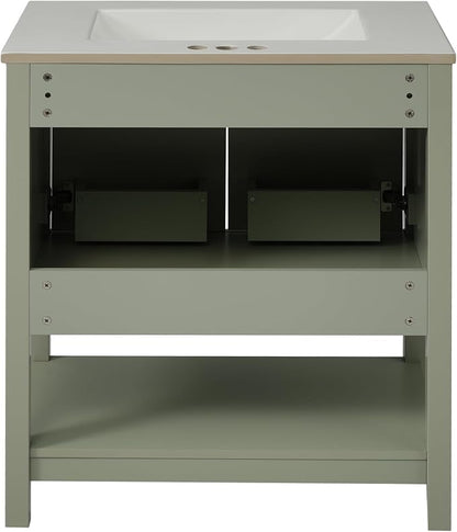 30" Bathroom Vanity with Ceramic Sink,Sink Cabinet w/Soft Closing 2 Doors and Bottom Shelf,Metal Handles,Freestanding Wooden Storage Cabinet,Solid Wood Frame,for Small Space,Green