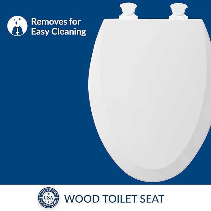 Bemis 1500EC Durable Wood Toilet Seat with Easy Clean Hinges, Made in USA, Elongated, White, 6-Pack