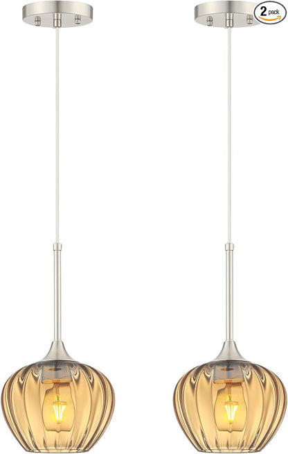 2-Pack Amber Pendant Lights for Kitchen Island, 7.7" Modern Glass Pendant Lighting with Brushed Nickel Vintage Light Fixtures Adjustable Hanging Light for Kitchen, Dining Room, Bar, Bathroom