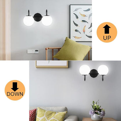 Mid Century Modern Vanity Lights for Bathroom, Black Metal Frame and Milk White Frosted Glass Globe, 2 Lights, Wall Sconce, 7.09"L x 7.09"W x 14.17"H