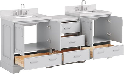 ARIEL Stafford 84-inch Bathroom Vanity with Sink,Solid Wood, 1.5in Pure White Quartz Countertop & Backsplash, Double Rectangular Porcelain Sink, 4 Soft Closing Doors, 5 Dovetail Drawers, Grey