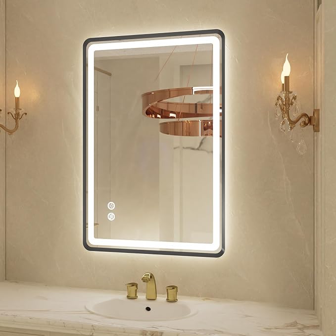 20"x 28" LED Bathroom Mirror with Black Framed, Front and Backlit, Lighted Bathroom Mirror for Wall with Stepless Dimmable, Anti-Fog, Memory, 3 Colors, Round Corner LED Vanity Mirror with Lights