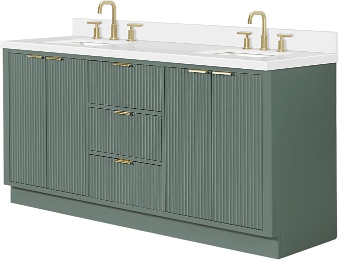 ARIEL Milan 72-inch Bathroom Vanity with Sink,Solid Wood, 1.5-inch Pure White Quartz Countertop, Double Rectangular Porcelain Sink, Soft Closing Doors, Dovetail Drawers, Vintage Green