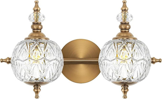 Brushed Gold Bathroom Vanity Light Fixture Vintage Style - 2 Light G9 Bulb Compatible, 17" Wide Bathroom Lighting Over Mirror with Hand-Etched Glass Shades, Easy Mount for Makeup Area