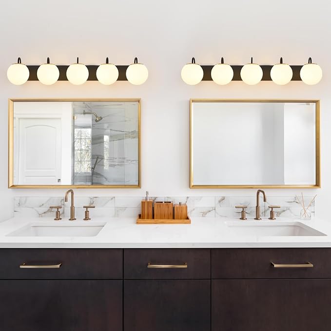 5 Lights Vintage Bathroom Vanity Light Fixtures Over Mirror, Matte Black Vanity Lights For Bathroom With Milk White Glass Globe Shade, Wall Lights For Bedroom, Hallway, Dressing Table(Includ G9 Bulbs)