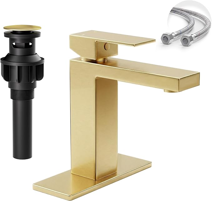 Brushed Gold Bathroom Faucet, SUS304 Stainless Steel Lead-Free | Vanity Faucet with Deck Plate & Pop-Up Drain, Single/3 Hole Installation, for Farmhouse, Bathroom Sink, Vanity, Washbasin, RV