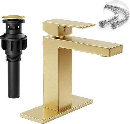 Brushed Gold Bathroom Faucet, SUS304 Stainless Steel Lead-Free | Vanity Faucet with Deck Plate & Pop-Up Drain, Single/3 Hole Installation, for Farmhouse, Bathroom Sink, Vanity, Washbasin, RV