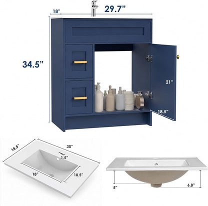 Blue Bathroom Vanity with Sink 30inch | 1doors and 2 Drawers | Wood Storage Basin Cabinet with Ceramic Basin for Home and Office