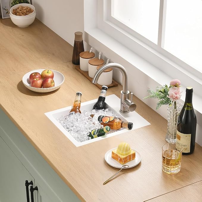 13x15 Inch Drop In Bar Sink, White Granite Composite | Small Drop In Sink RV Wet Bar Prep Sink Quartz Topmount Single Bowl Kitchen Basin with Small Rubber Squeegee