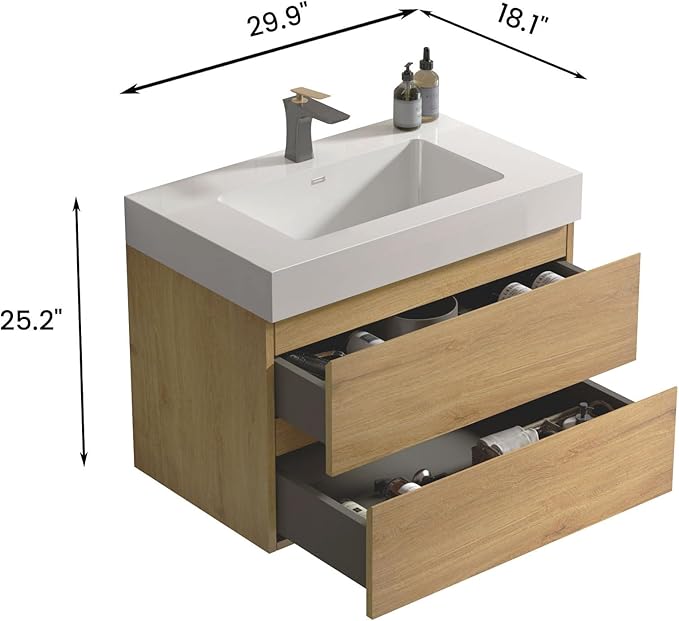 30" Floating Bathroom Vanity with Sink, Modern Bathroom Cabinet with Top and Soft Close Drawers, Spacious Storage for Small Space, Natural Oak - Lavanda Collection