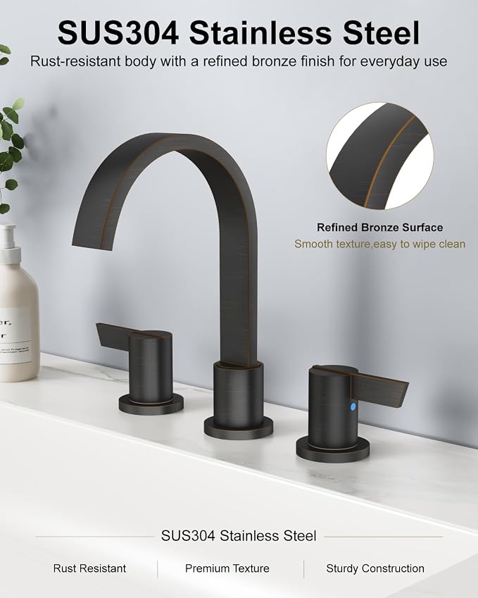Bronze 3 Hole Bathroom Faucet,8" Widespread Vanity Faucet | 2 Handle Waterfall Bathroom Sink Faucet with Pop-Up Drain,Supply Lines,360° Swivel Spout,Lead-Free Stainless Steel,Deck Mount
