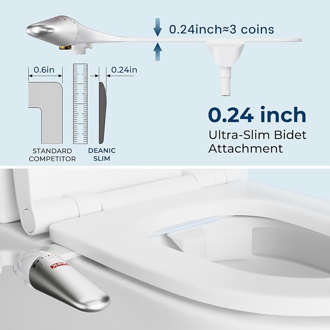 DEANIC 2-in-1 Bidet Attachment with Handheld Bath Bidet Sprayer, Ultra-Slim Adjustable Water Pressure Nozzle, Cold Water Non Electric Hand Sprayer for Toilet Seat (Sliver White)