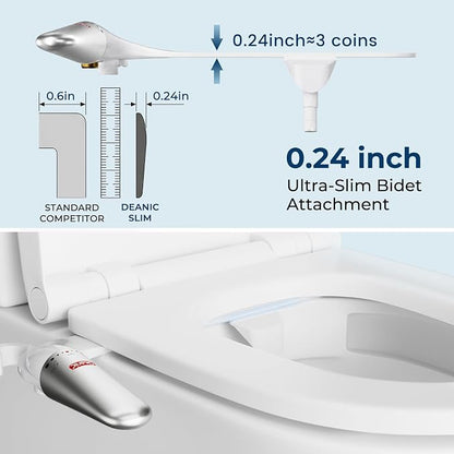 DEANIC 2-in-1 Bidet Attachment with Handheld Bath Bidet Sprayer, Ultra-Slim Adjustable Water Pressure Nozzle, Cold Water Non Electric Hand Sprayer for Toilet Seat (Sliver White)