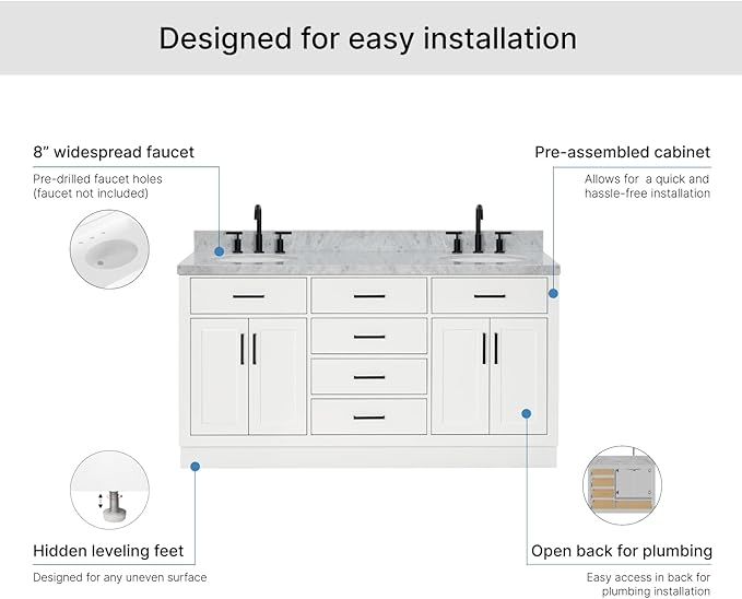 ARIEL Hepburn 66-inch Bathroom Vanity with Sink,Solid Wood, 1.5-inch Italian Carrara Marble Countertop & Backsplash, Double Oval Porcelain Sink, 4 Soft Closing Doors, 6 Dovetail Drawers, White