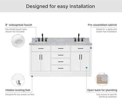 ARIEL Hepburn 66-inch Bathroom Vanity with Sink,Solid Wood, 1.5-inch Italian Carrara Marble Countertop & Backsplash, Double Oval Porcelain Sink, 4 Soft Closing Doors, 6 Dovetail Drawers, White