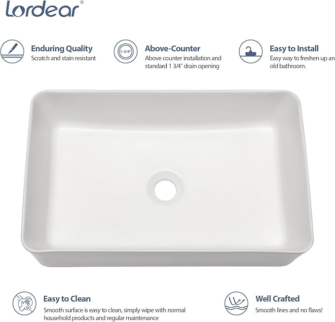 Lordear Vessel Sink Rectangle 21"x14" Bathroom Sink Rectangular Modern Above Counter White Porcelain Ceramic Vessel Vanity Sink Art Basin