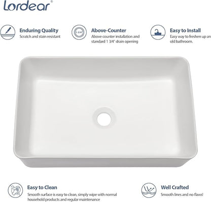 Lordear Vessel Sink Rectangle 21"x14" Bathroom Sink Rectangular Modern Above Counter White Porcelain Ceramic Vessel Vanity Sink Art Basin