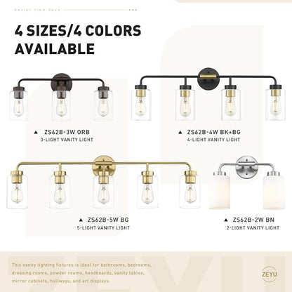 zeyu 2-Light Modern Vanity Lighting Fixture, 14 Inch Black and Gold Bathroom Light Fixture with Clear Glass Shade, ZS62B-2W BK+BG