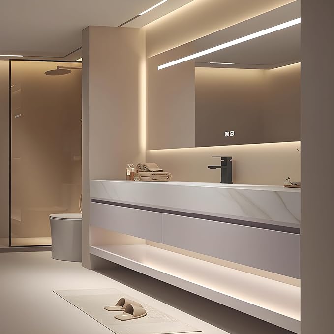 28" Modern Bathroom Vanity Set with LED Mirror, Seamless Design with Ceramic Sink & Quartz Countertop, Paint-Free Multi-Layer Solid Wood Cabinet, Soft-Close Doors, White‌
