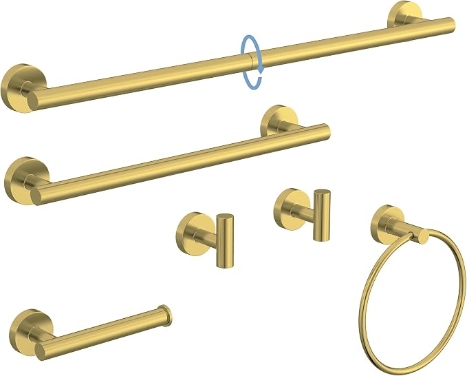 Brushed Gold Bathroom Accessories Set SUS304 Stainless Steel 6 Pieces | Evolvegoods Bathroom Hardware Set, 16&26 Inch Bath Towel Bar Set, 2 Towel Hooks, Toilet Paper Holder, Towel Racks