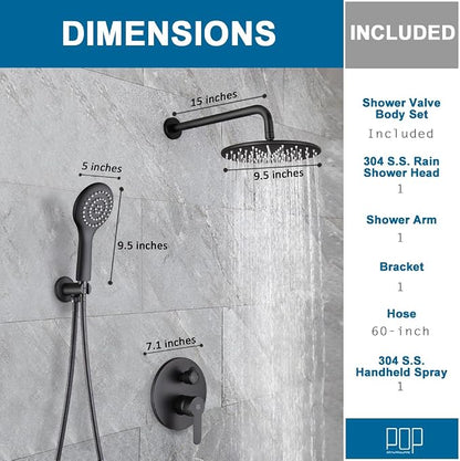 All Metal Black Shower Faucet Set, 10 Inch Round Shower Head and Handle Set, Bathroom Rainfall Shower System, Wall Mounted Shower Fixtures, Include Shower Valve and Trim Kit
