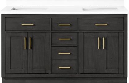OVE Decors Bailey 60 in. Double Sink Freestanding Matte Black Wood Bathroom Vanity with White Quartz Top, Matching Backsplash and Power Bar