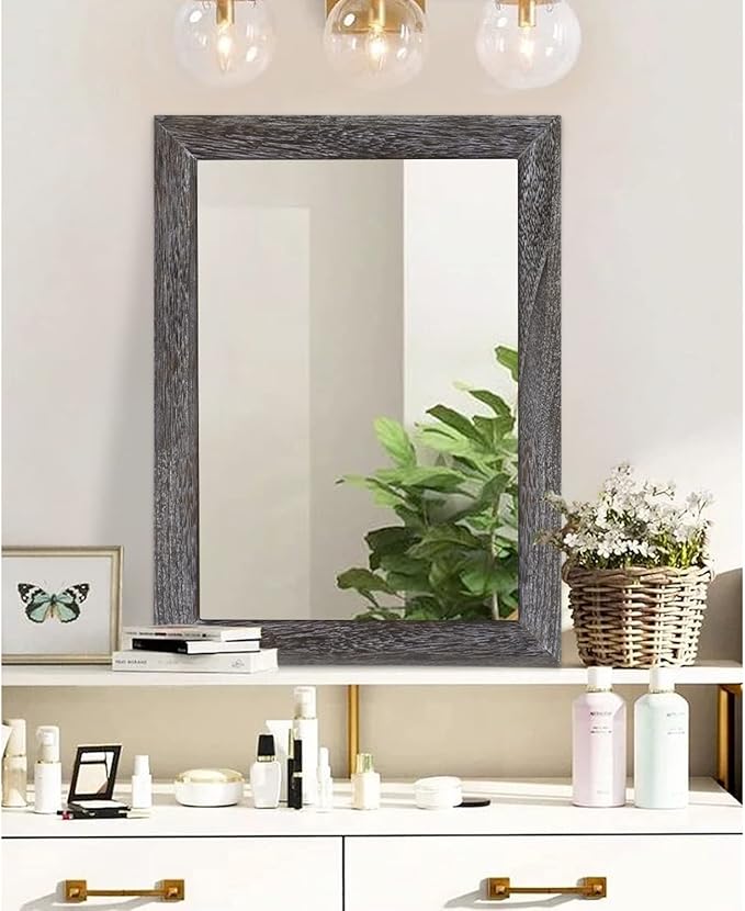 AAZZKANG Wall Mirror with Rectangle Wood Frame Large 26"x18" Rustic Decorative Hanging Mirrors for Bedroom Bathroom Living Room Home Office